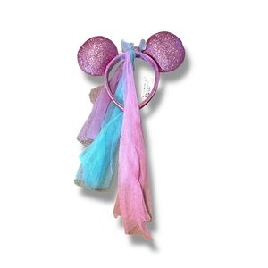 Disney‎ Minnie Mouse Headband One Size Pink Glitter Ears Tulle Streamers Bow